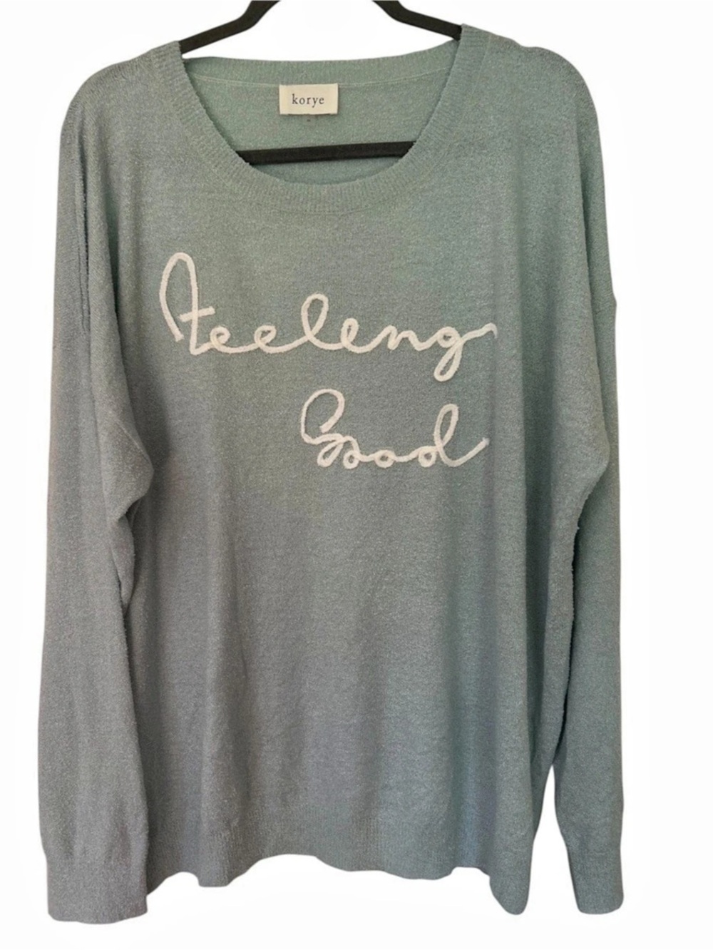 Korye “Feeling Good" Embroidered Pullover Sweater - Mint / Aqua Blue, Size 2X